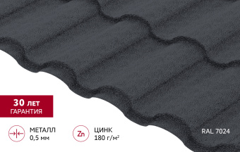 фото Металлочерепица "Кредо" ("Kredo") в01 0,5 PurLite матовый RAL 7024 мокрый асфальт Центр Кровли картинка Металлочерепица "Кредо" ("Kredo") в01 0,5 PurLite матовый RAL 7024 мокрый асфальт Центр Кровли