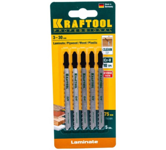 картинка Полотно для электролобзика Kraftool Т101BR 75х2,5мм, по дереву, фанере, ламинату, обратный рез, Т-хвостовик, Cr-V сталь, 5 шт (159516-2.5-S5) Центр Кровли