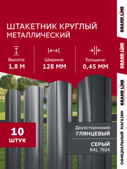картинка Комплект в коробке Штакетник Круглый фигурный Grand Line 0,45 ПЭ двухсторонний RAL 7024 мокрый асфальт 1,8м (10шт) ШК Центр Кровли