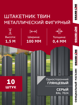 картинка Комплект в пленке Штакетник Твин фигурный Grand Line 0,4 ПЭ RAL 7024 мокрый асфальт 1,5м (10шт) ШК Центр Кровли