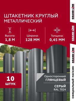 картинка Комплект в пленке Штакетник Круглый фигурный Grand Line 0,4 ПЭ RAL 7024 мокрый асфальт 1,8м (10шт) ШК Центр Кровли